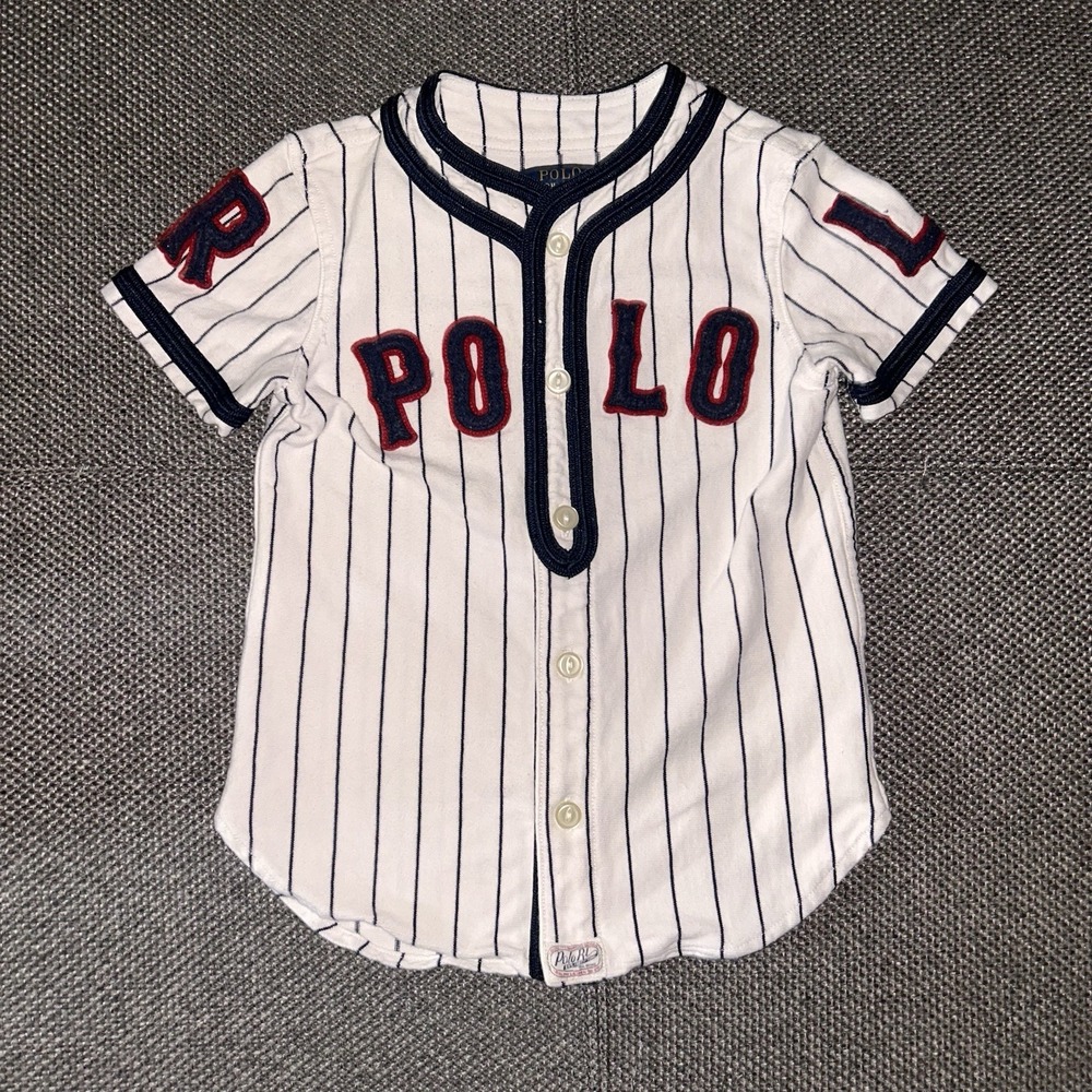 Polo Ralph Lauren White/Navy Pinstripe Embroidered Baseball Jersey Boys 4T Rare